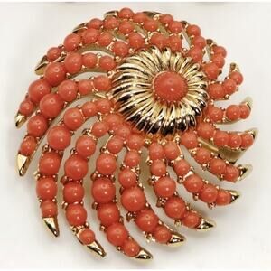 Trifari Whirlwind Sunburst 1957 Faux Orange Coral Beaded Brooch with Earrings
